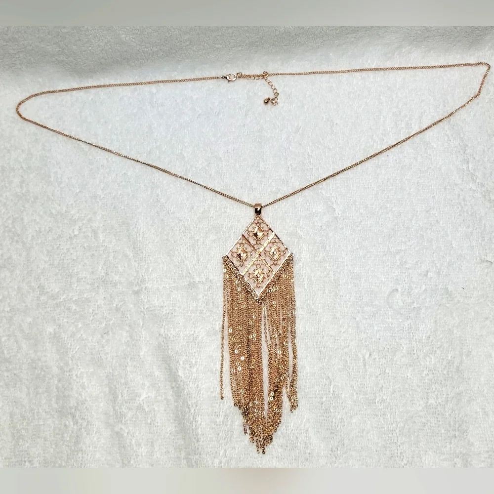 Rose Gold Tone Sliding Diamond Shaped Tassled Necklace - Picture 2 of 3